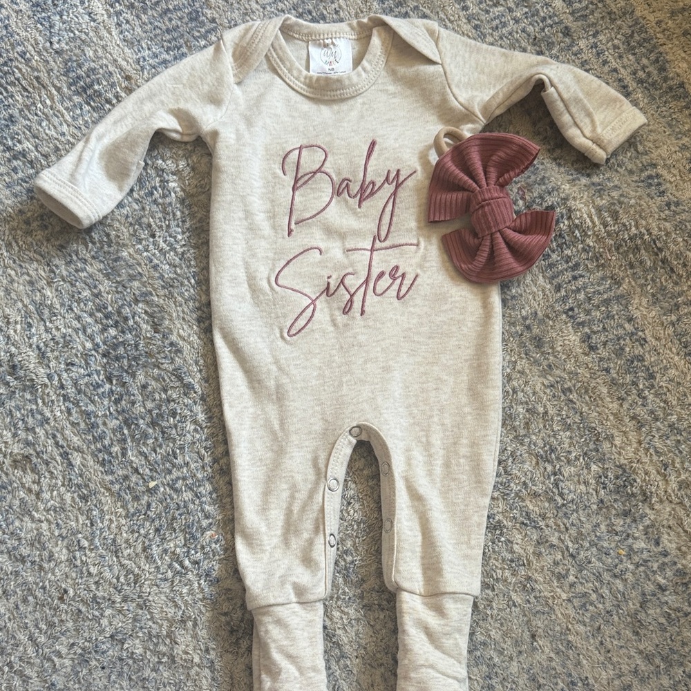 NWOT "Baby Sister" One-Piece Romper with Mauve Script